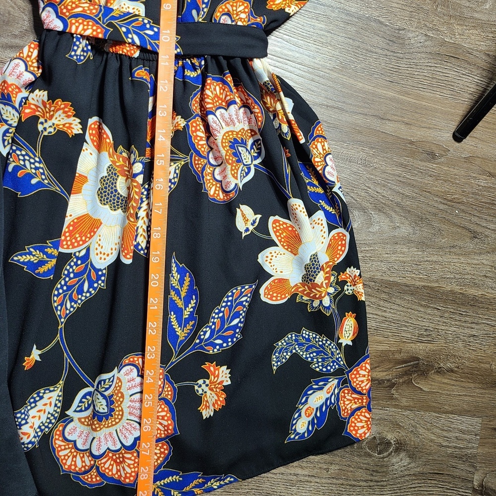 Lauren Conrad Black Floral Boho Mini Dress XS Sleeveless Tie Neck Keyhole Waist - Picture 4 of 10